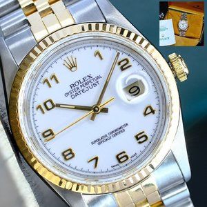 ROLEX MEN'S DATEJUST WATCH 18KY GOLD STEEL WHITE ARABIC DIAL FLUTED 36MM 16233